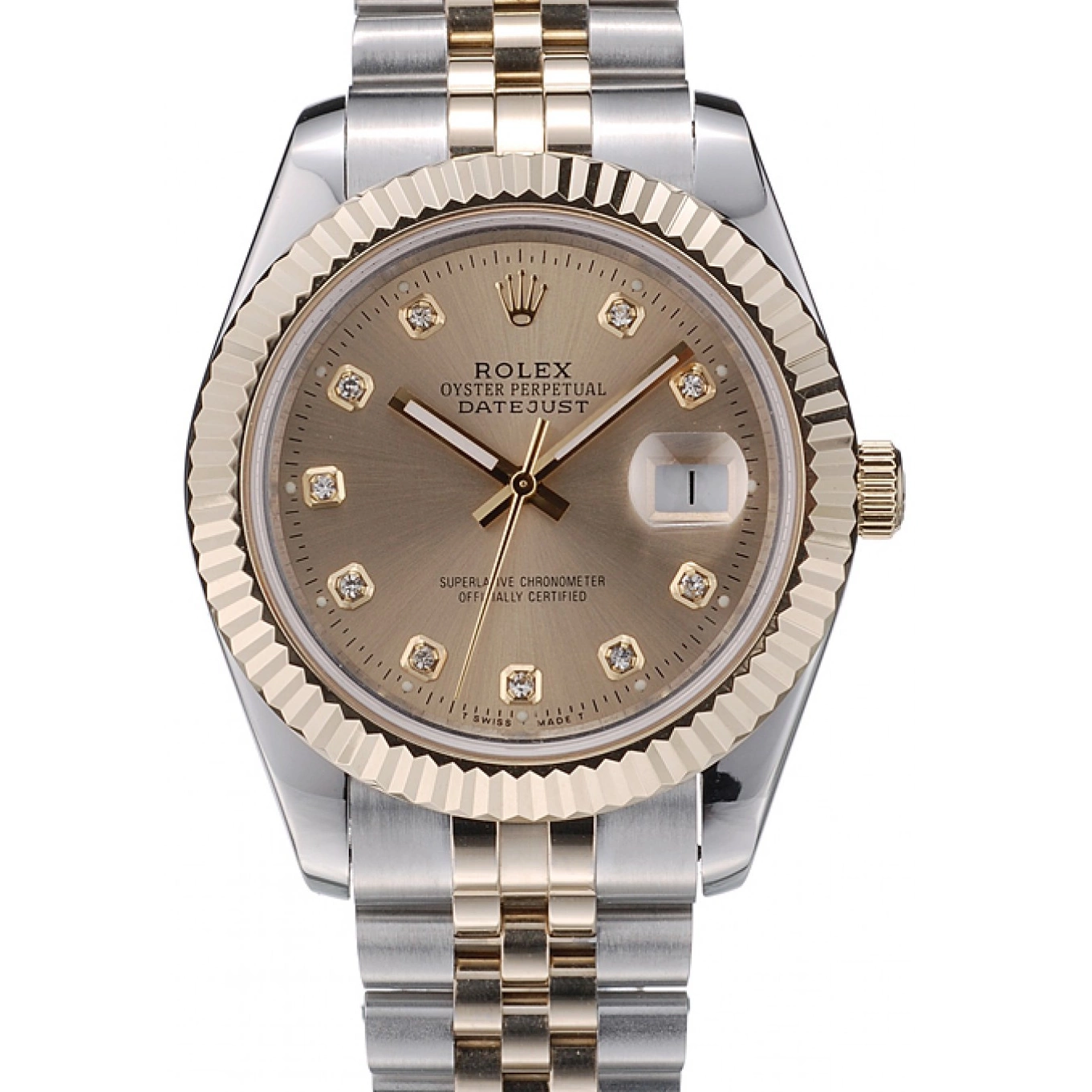 Gold Steel 41978 Rolex Ribbed Goldish DateJust Dial Stainless Bezel 0608